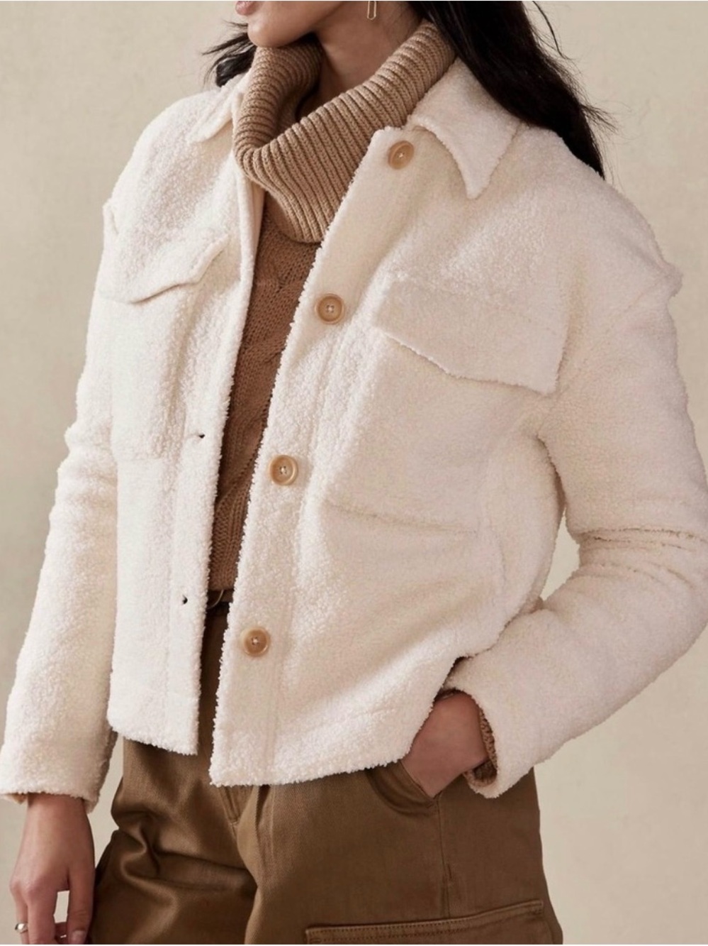 Banana Republic Cream Cropped Sherpa Trucker Jacket size XS NWOT